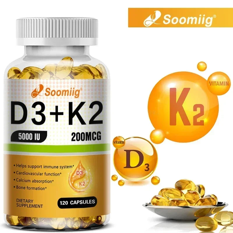 Vitamin D3 5000IU and 200 Mcg Vitamin K2 (MK-7) Capsules for Calcium Absorption, Bone Regeneration, Immune Support, Easy To Melt Oasis Select