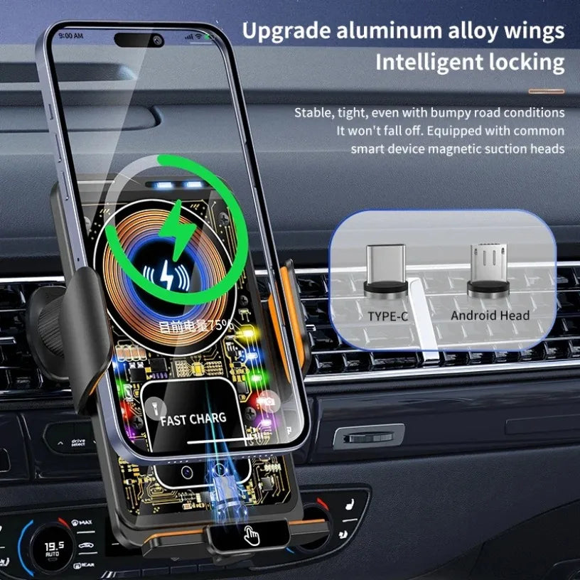 Magnetic 15W Car Wireless Charger Max 66W Fast Charging Auto-Clamping RGB Light Phone Holder Stand Bracket For iPhone Samsung Oasis Select