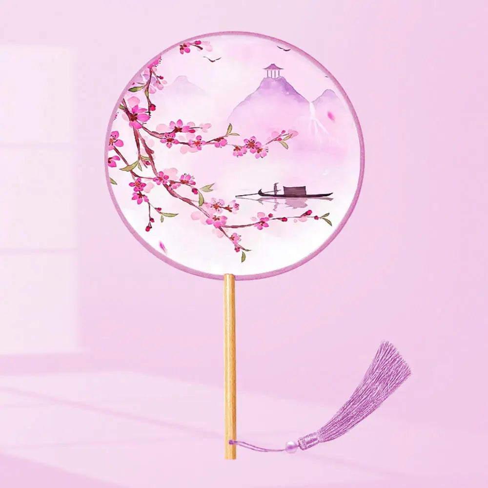 China Fan Wholesale Semi-Transparent Long Handle Tassel Dance Fan Female Costume Hanfu Cheongsam Embroidery Small Round Fan Oasis Select Q1