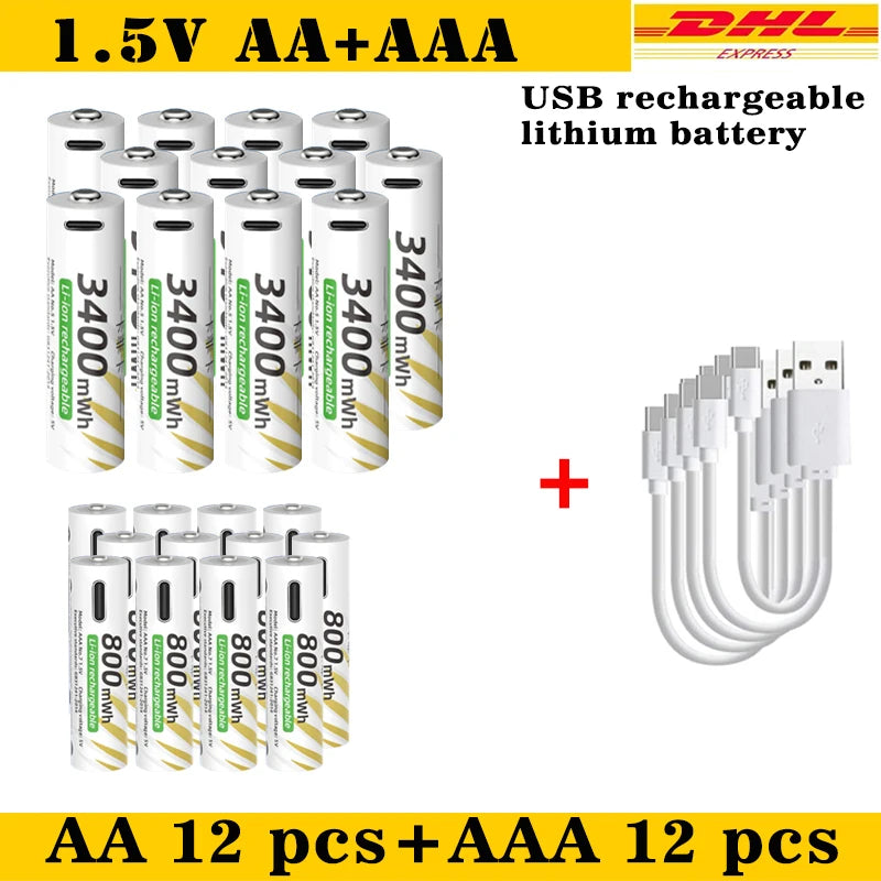AAA and AA Rechargeable Batteries USB Lithium-ion 3400mWh 1.5V AA Rechargeable Batteries+800mWh 1.5V AAA Battery+ Type-C Cable Oasis Select AA 12pcs AAA 12pcs