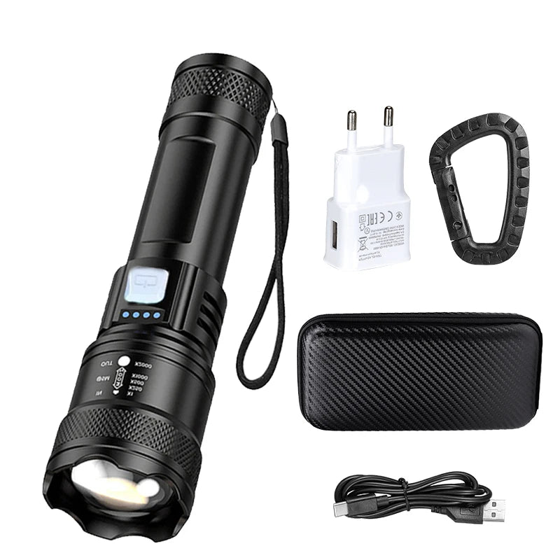 Tactical LED Flashlight 2000LM USB-C Rechargeable Zoomable Torch