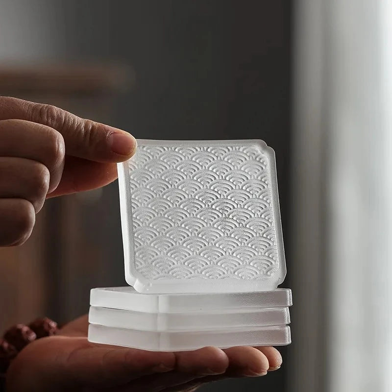 Glass Sea Wave Pattern Glass Coaster Square Round Whiskey Teacup Kung Fu Tea Cup Mat Saucer Wine Tumbler Holder Oasis Select