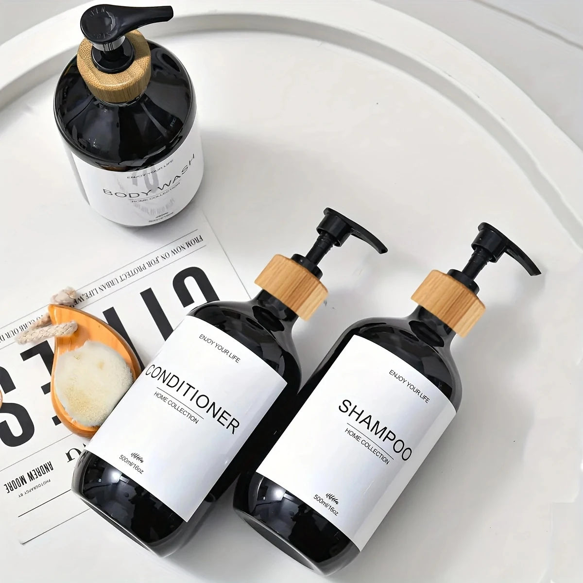 Bathroom Shampoo Dispenser Set 500ml Conditioner Body Wash Bottles Refillable Dispenser Farmhouse Decoration Storage Bottles Oasis Select