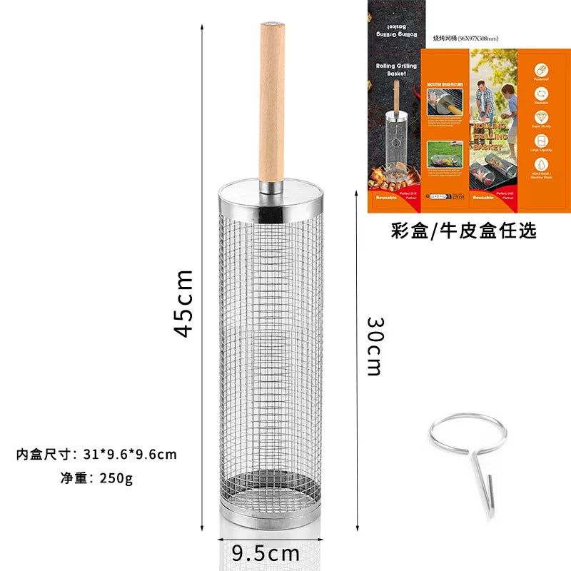 Round Barbecue Cage, Outdoor BBQ Smoking Cage, Portable Barbecue Stove, Rotating and Rolling Stainless Steel Cage Oasis Select Wooden handle large