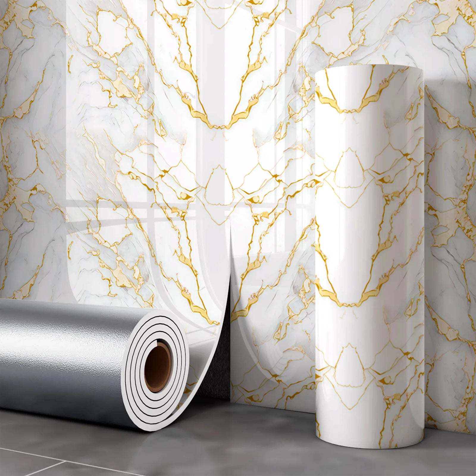 Self Adhesive Marble Wallpaper Waterproof Moisture Proof Faux Tile Wall Sticker for Bathroom Living Room Accent Wall Home Decor Oasis Select 40x300cm Gold-1Roll
