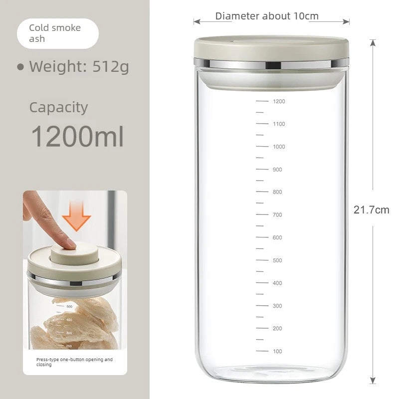 Glass Jar Micro Vacuum Sealed Jar Press Moisture-proof Flower Glue Tangerine Peel Storage Coffee Bean Storage Oasis Select smoke gray-1200ml