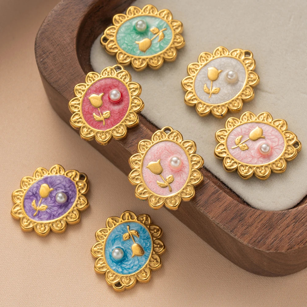 5pcs Stainless Steel Enamel Flower Pearl Bead Charms Earring Pendant for DIY Necklace Bracelet Jewelry Making and Crafting Oasis Select