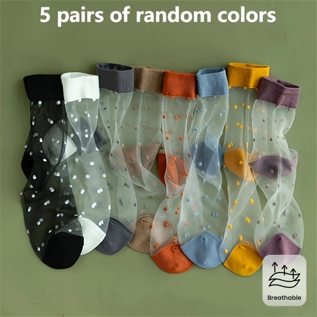 5 Pairs (10pcs) Breathable Polka Dot Glass Women'S Socks, Candy Color Summer Socks, Fashionable Polka Dot Decoration Socks Oasis Select