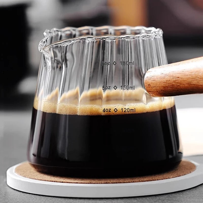 180ML Espresso Cup with Wood Handle Coffee Measuring Glass Milk Frothing Jug Latte Creative Stripe Art Mug Coffee Accessories Oasis Select