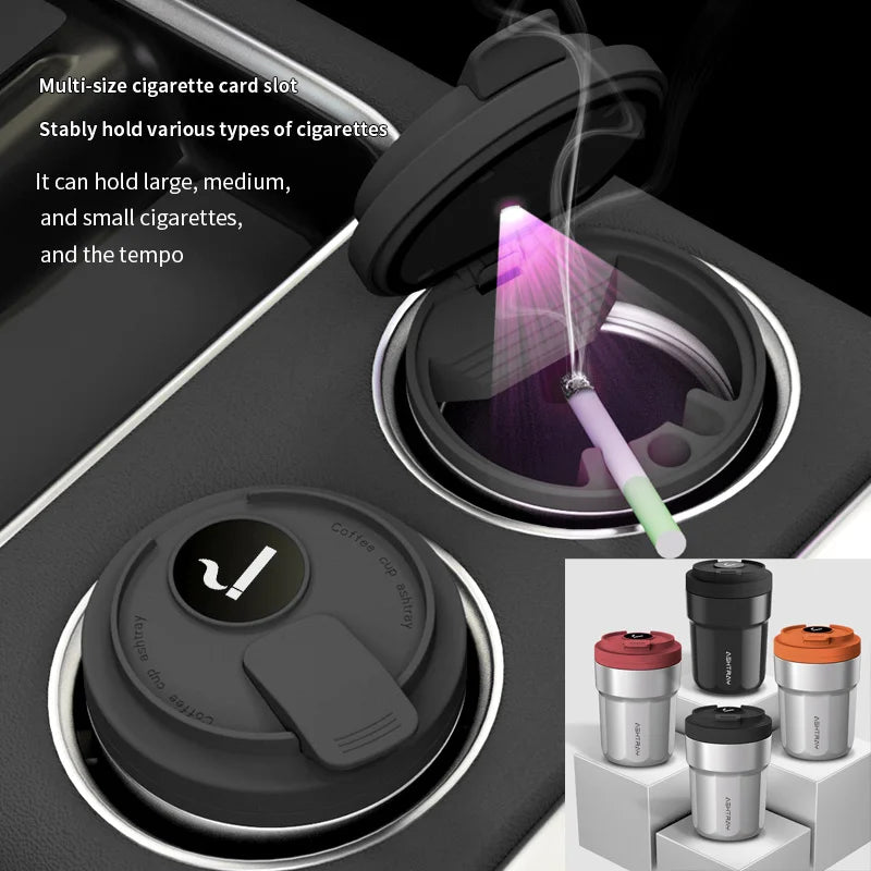 Car Ashtray 7-Color LED Light | Push-Open Coffee Cup Style
