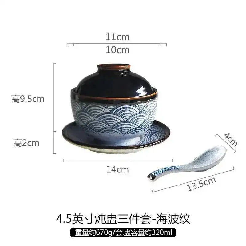 Japanese Tableware Stew Bowl Ceramic Bowl With Lid Dessert Steamed Egg Bowl Soup Bowl Dessert Underglaze Color Ramen Bowl Oasis Select 4.5 Inch-3 Pc Set