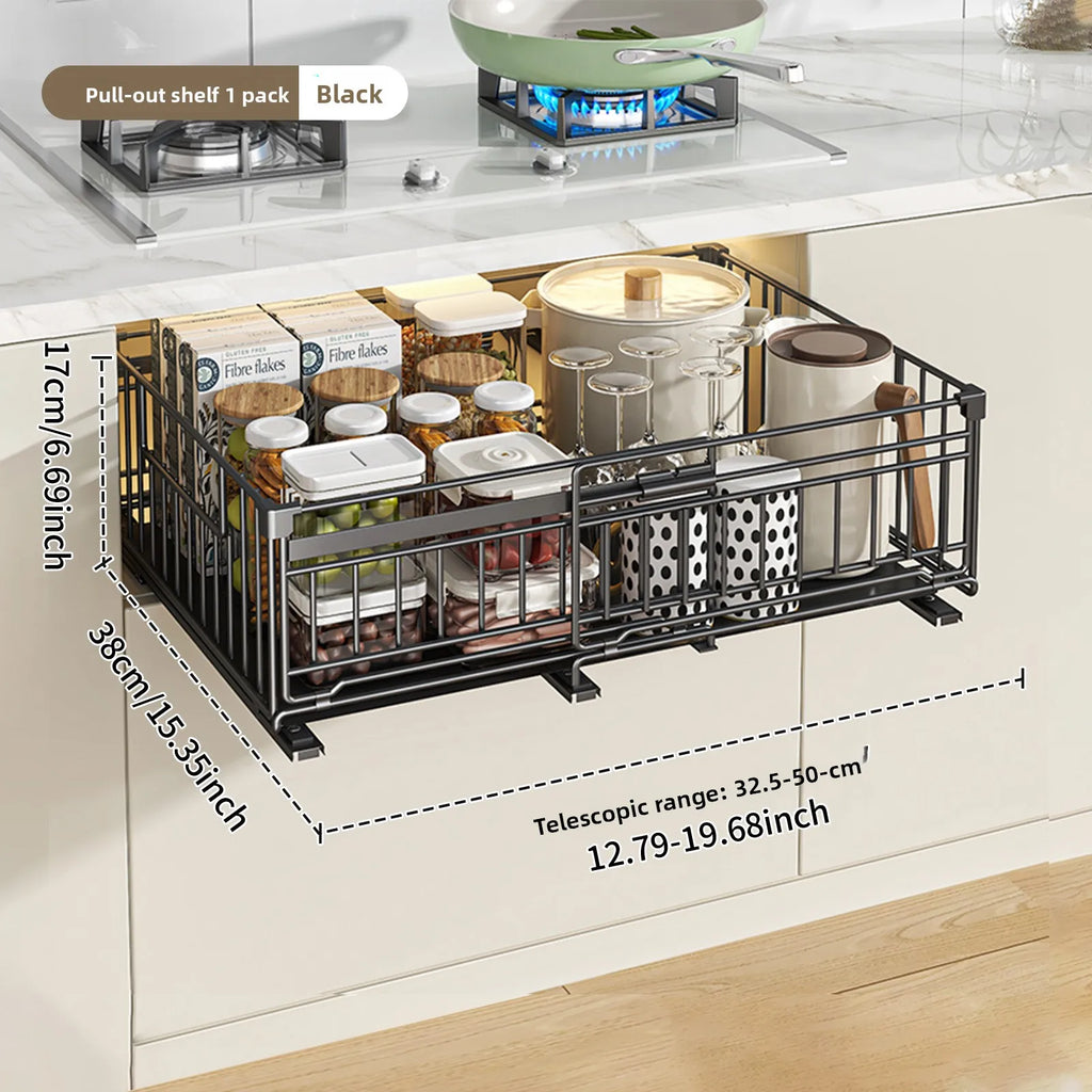 Telescopic basket, kitchen, deep cabinet, pull-out rack, tableware, storage box, cabinet, seasoning, dishes, drawer type Oasis Select Black 1-piece set