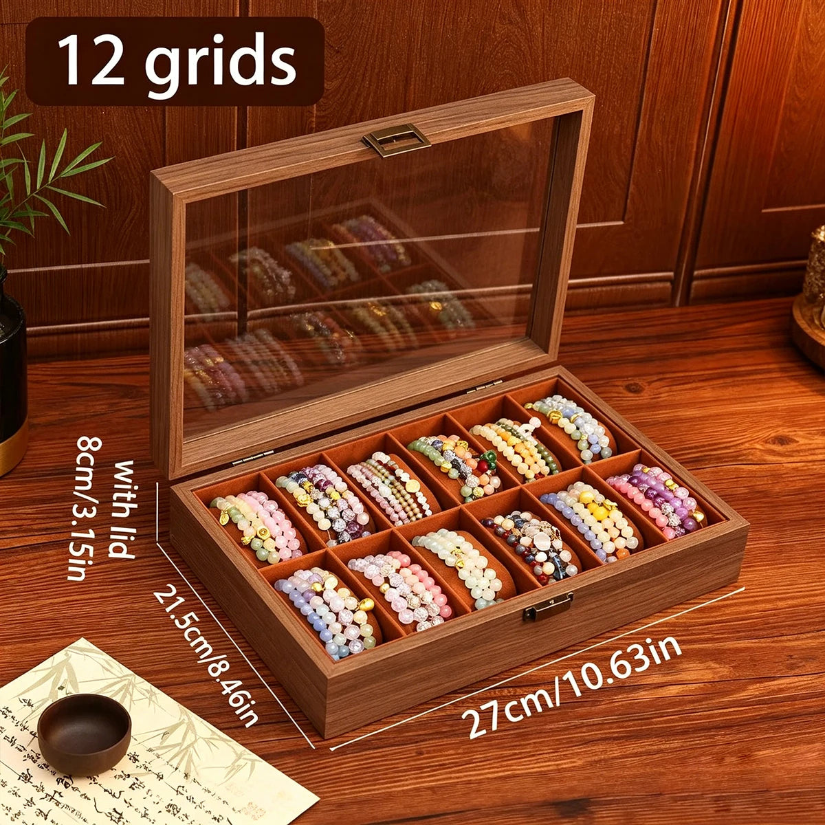 1pc wooden bracelet multi slot jewelry storage box velvet lined bead bracelet display cabinet suitable for family collection Oasis Select Brown-12grids
