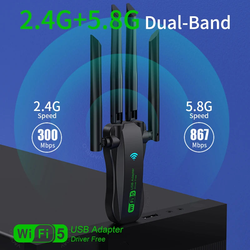 VAORLO 1200Mbps WiFi USB Adapter WiFi5 Dual Band 2.4G+5.8Ghz 4 Antenna Dongle USB3.0 High-Speed Wireless Card Receiver PC/Laptop Oasis Select