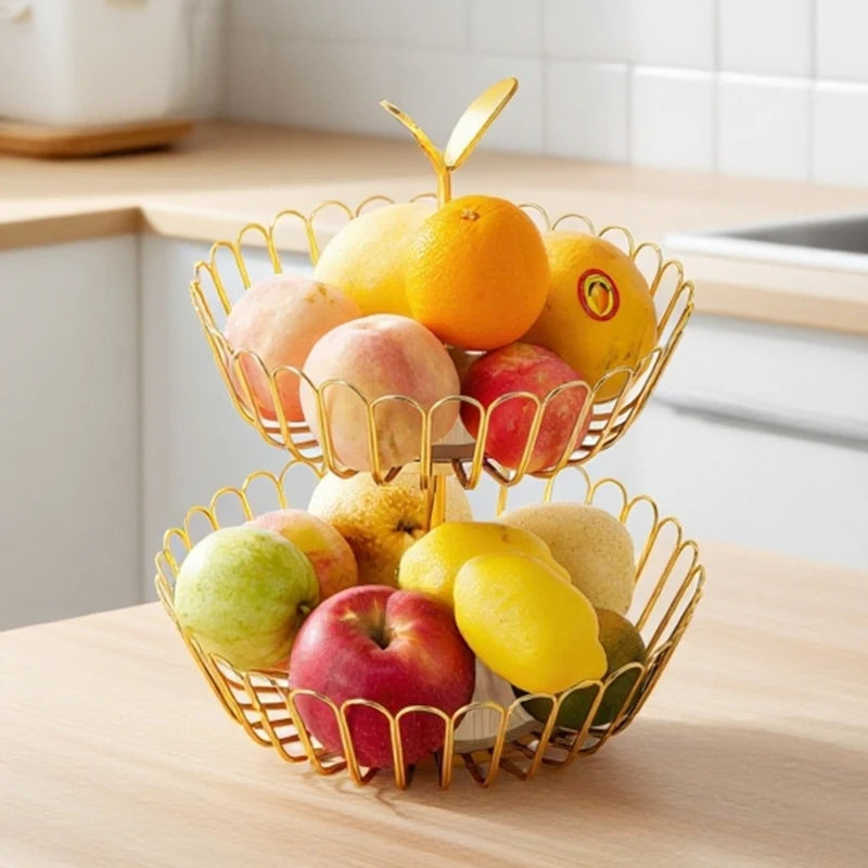 Kitchen double-layer fruit basket removable wooden bottom fruit plate hand basket living room wrought iron candy snack plate Oasis Select