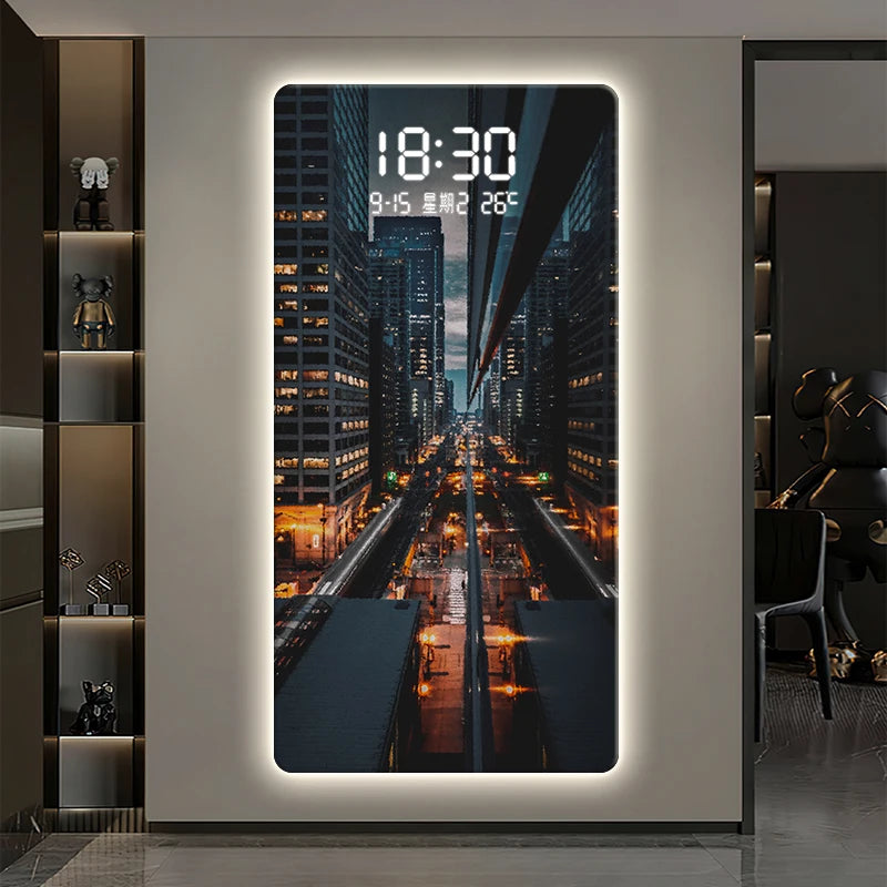 Led Electronic Wall Hanging Clock Porch Decorative Painting City Night Scene Advanced Sense Human Induction Wall Clock Oasis Select
