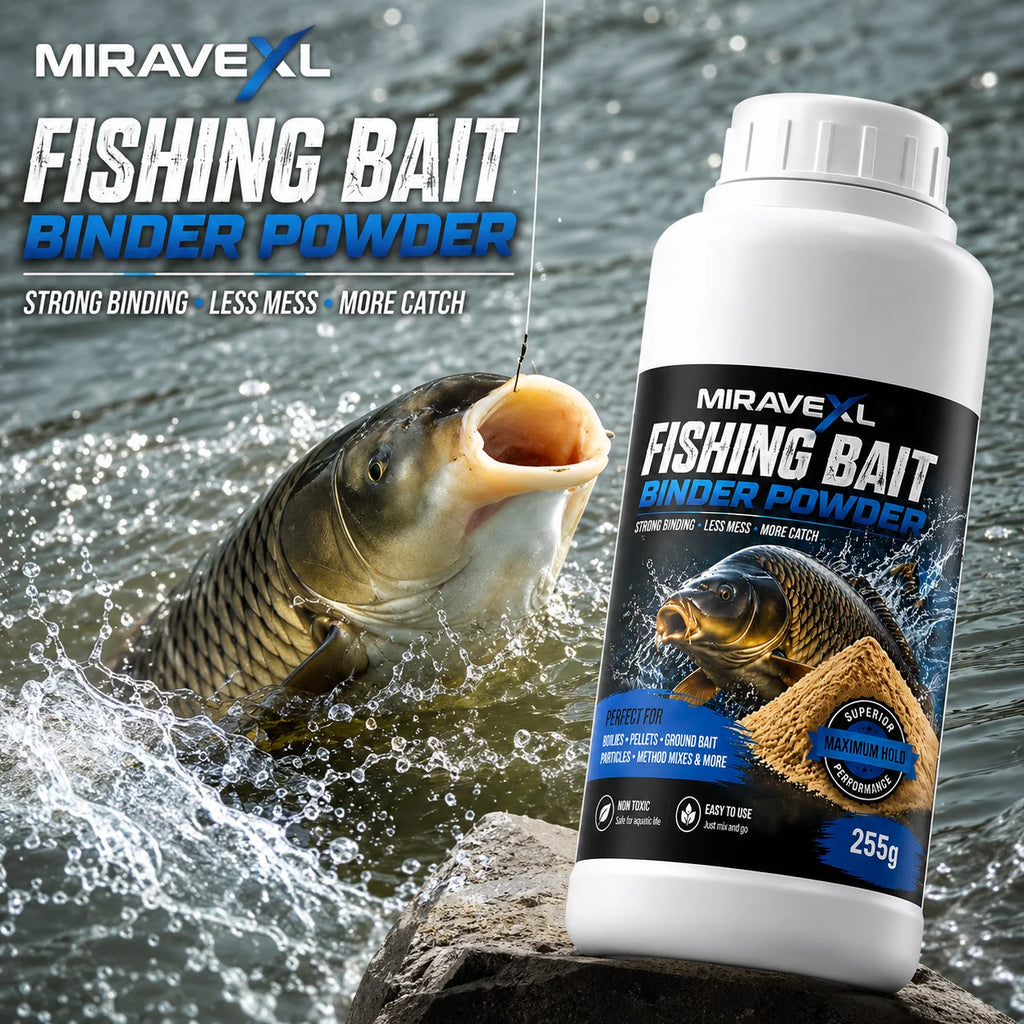 MIRAVEXL Fishing Bait Binder Powder255g Strong Binding Less Mess Maximum Catch Perfect for Boilies Pellets Ground Bait Particles Oasis Select