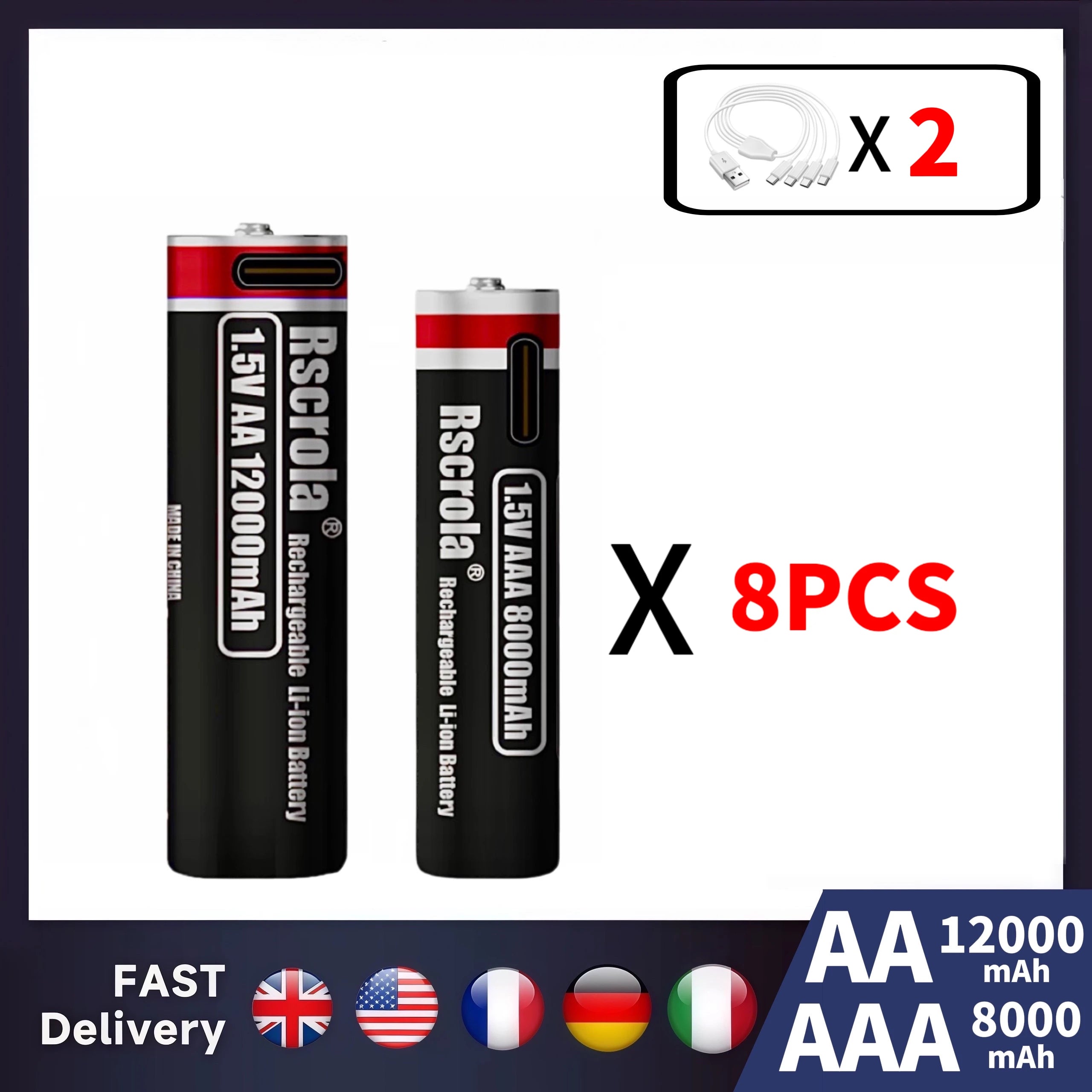 New 1.5V Li-ion AA12000mAh&AAA 8000mAh Rechargeable Batteries USB Lithium-ion Suitable for mouse, flashlight, keyboard monitorin Oasis Select 8AA-8AAA 1.5V