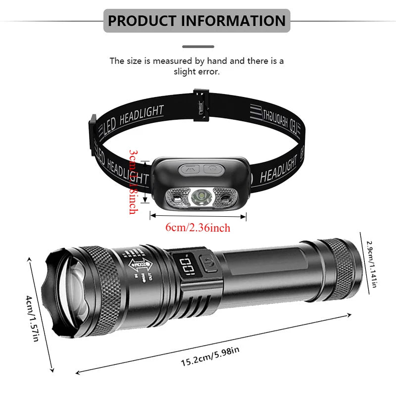 Rechargeable LED Flashlight Zoomable Torch with LCD Display 3 Modes Waterproof High Power Hand Light Outdoor Wilderness Camping Oasis Select