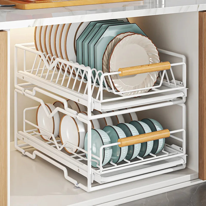 Kitchen Household Drain Bowl Rack Layered Seasoning Bowl Rack in Cabinet Double Layer Drawer Type Pull Basket Dish Storage Rack Oasis Select
