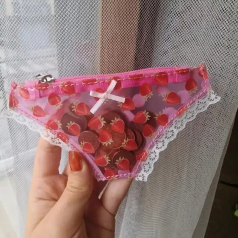 Cute Lace Coin Purse PVC Panties-Shaped Mini Storage Bag With Zipper Strawberry Makeup Bag Great Party Gift Birthday Present Oasis Select