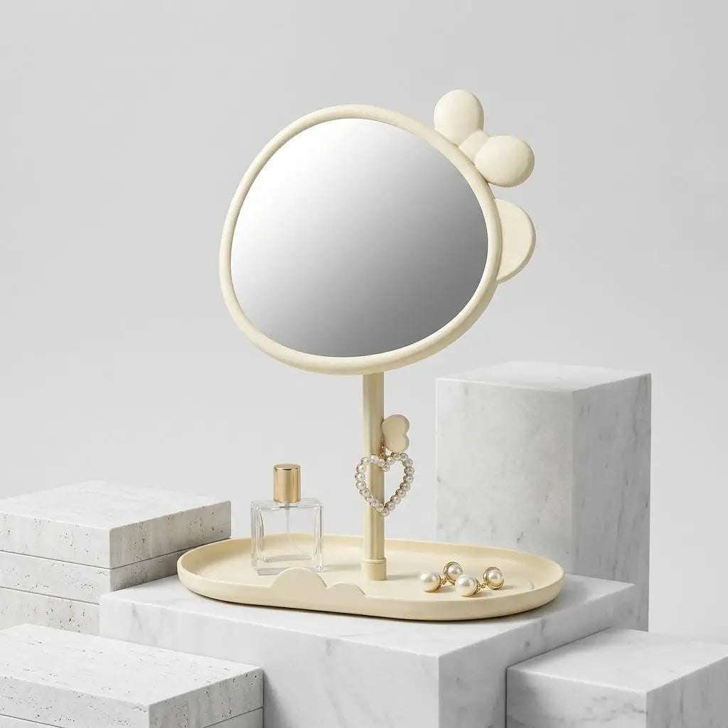 Cute Bowknot Desk Vanity Mirror with Storage Tray | 360°