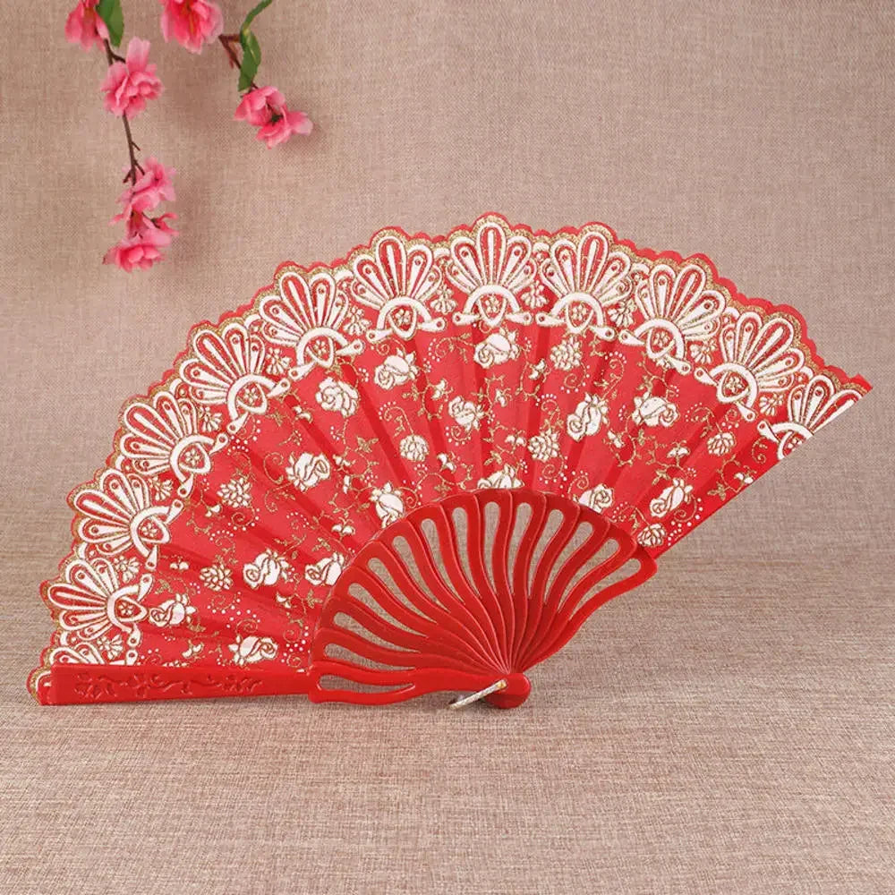23 Colors Lace OR Cloth Spanish Fabric Silk Folding Hand Held Dance Fan Flower Party Wedding Prom Dancing Summer Fan Accessories Oasis Select Red