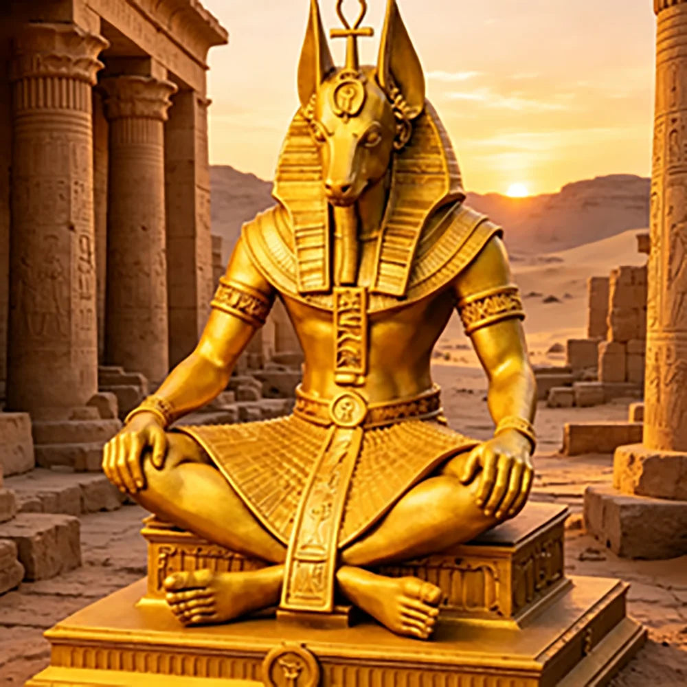 Gold Plated Anubis Guardian Sculpture Ancient Egyptian Jackal God Sitting Statue Spiritual Altar Tabletop Decor Collectible Oasis Select