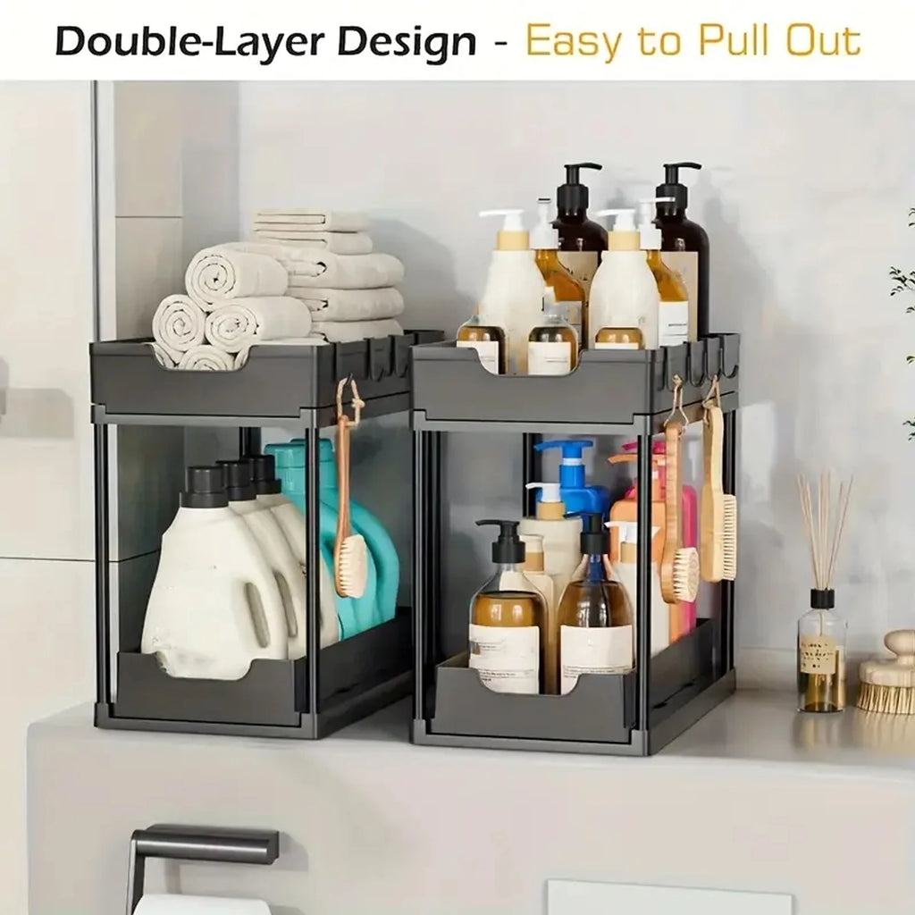 Double-Layer Pull-Out Kitchen Storage Rack, Non-Slip and Stable, Multifunctional Storage Box with Five Hooks, Under-Sink Oasis Select