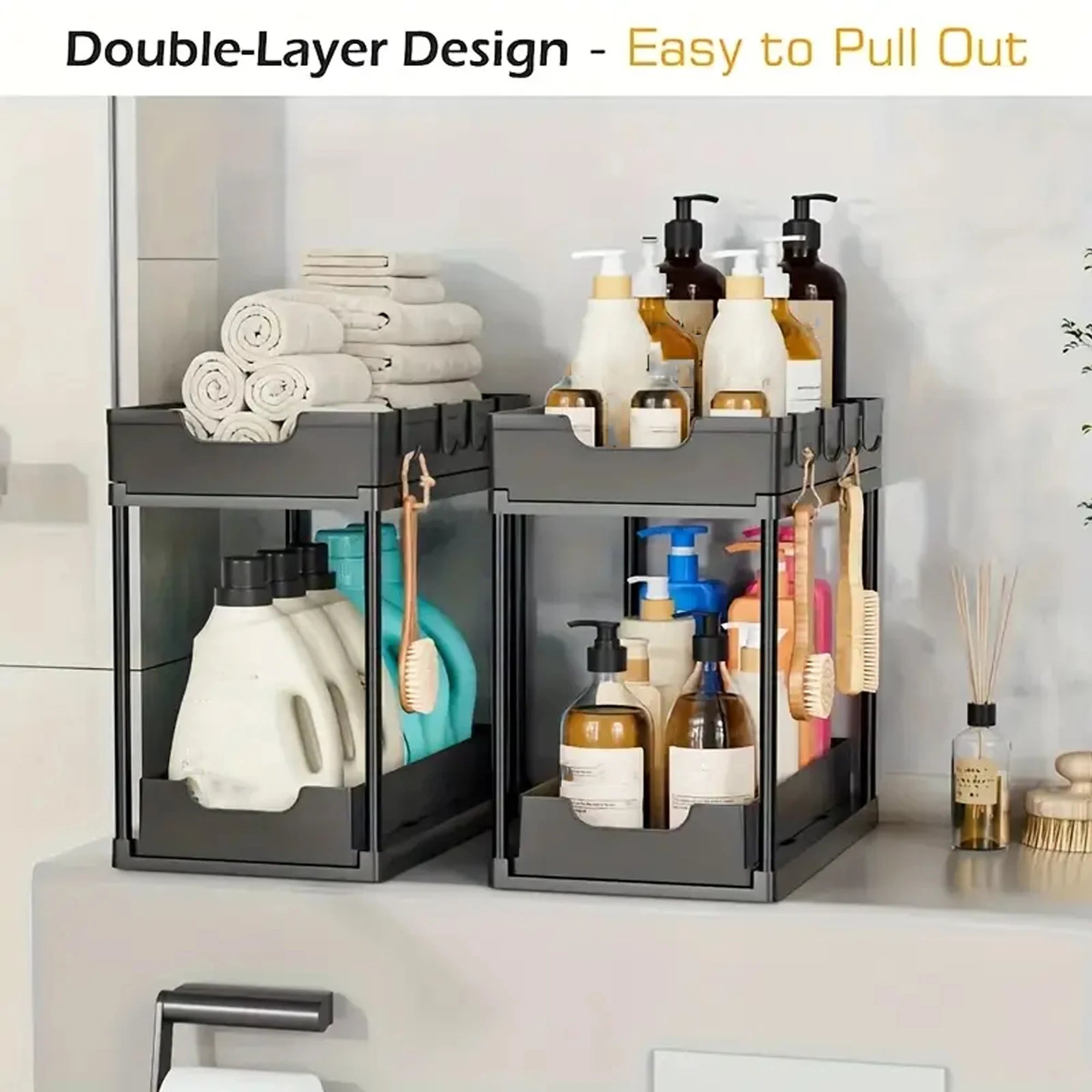 Double-Layer Pull-Out Kitchen Storage Rack, Non-Slip and Stable, Multifunctional Storage Box with Five Hooks, Under-Sink Oasis Select