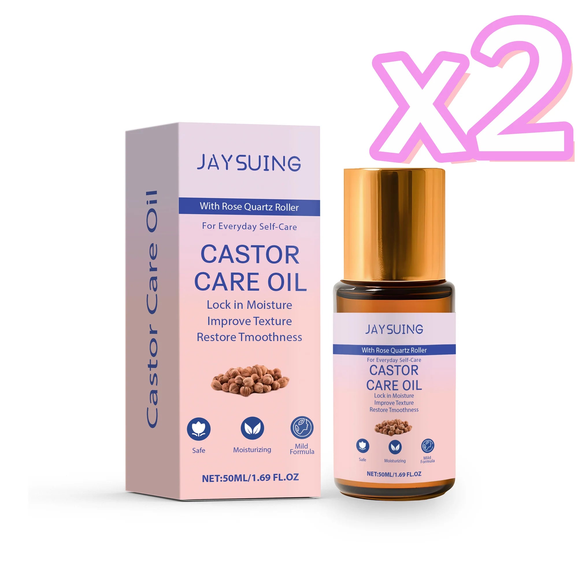 Organic Castor Oil Rose Quartz Roller – Skin & Hair Growth Castor Oil Roller Oasis Select 50ml boxed x 2