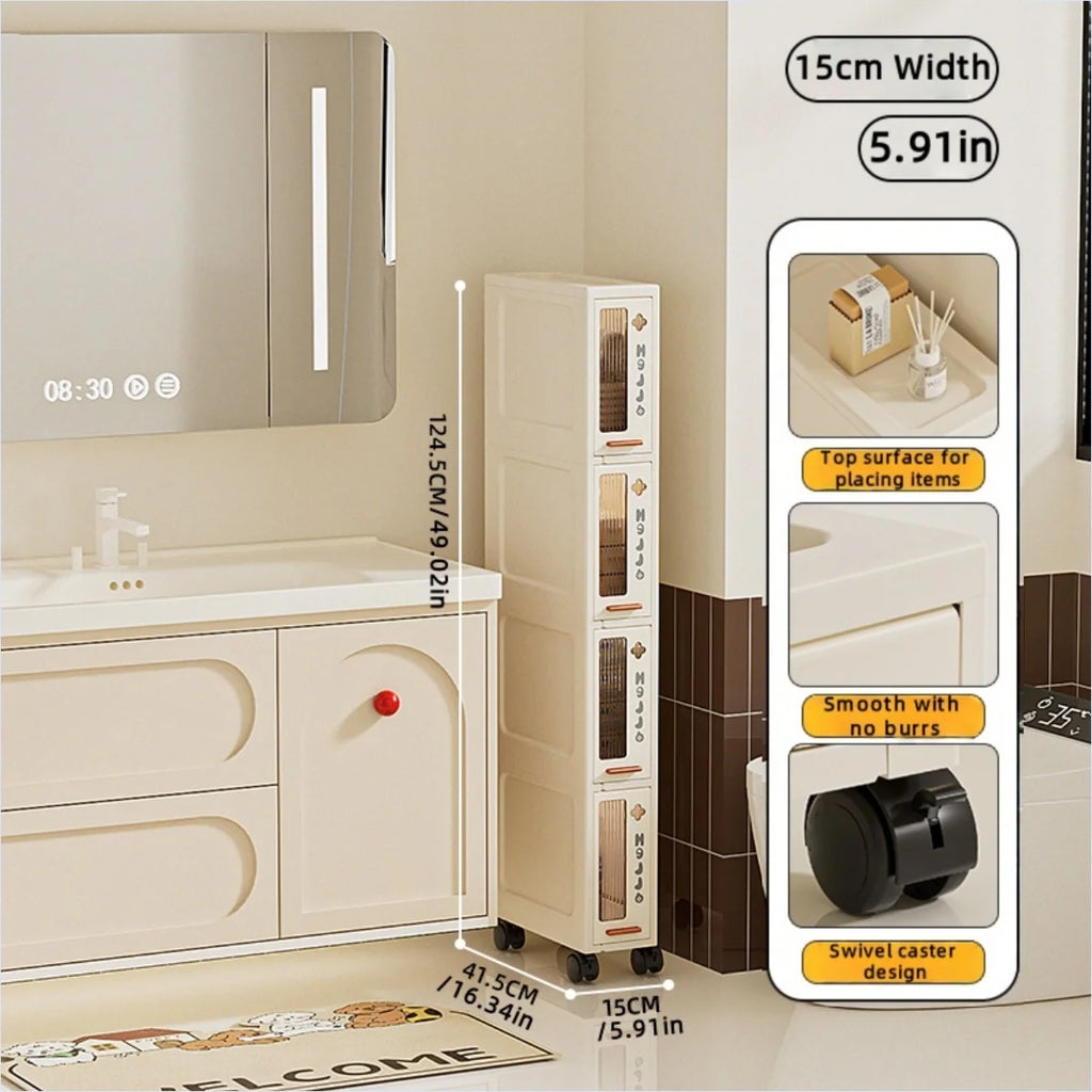 Slim Mobile Storage Cabinet, Space-Saving Narrow Drawer Organizer, Minimalist Multi-Purpose Design for Kitchen/Bathroom/Living Oasis Select 15cm 4 Tiers