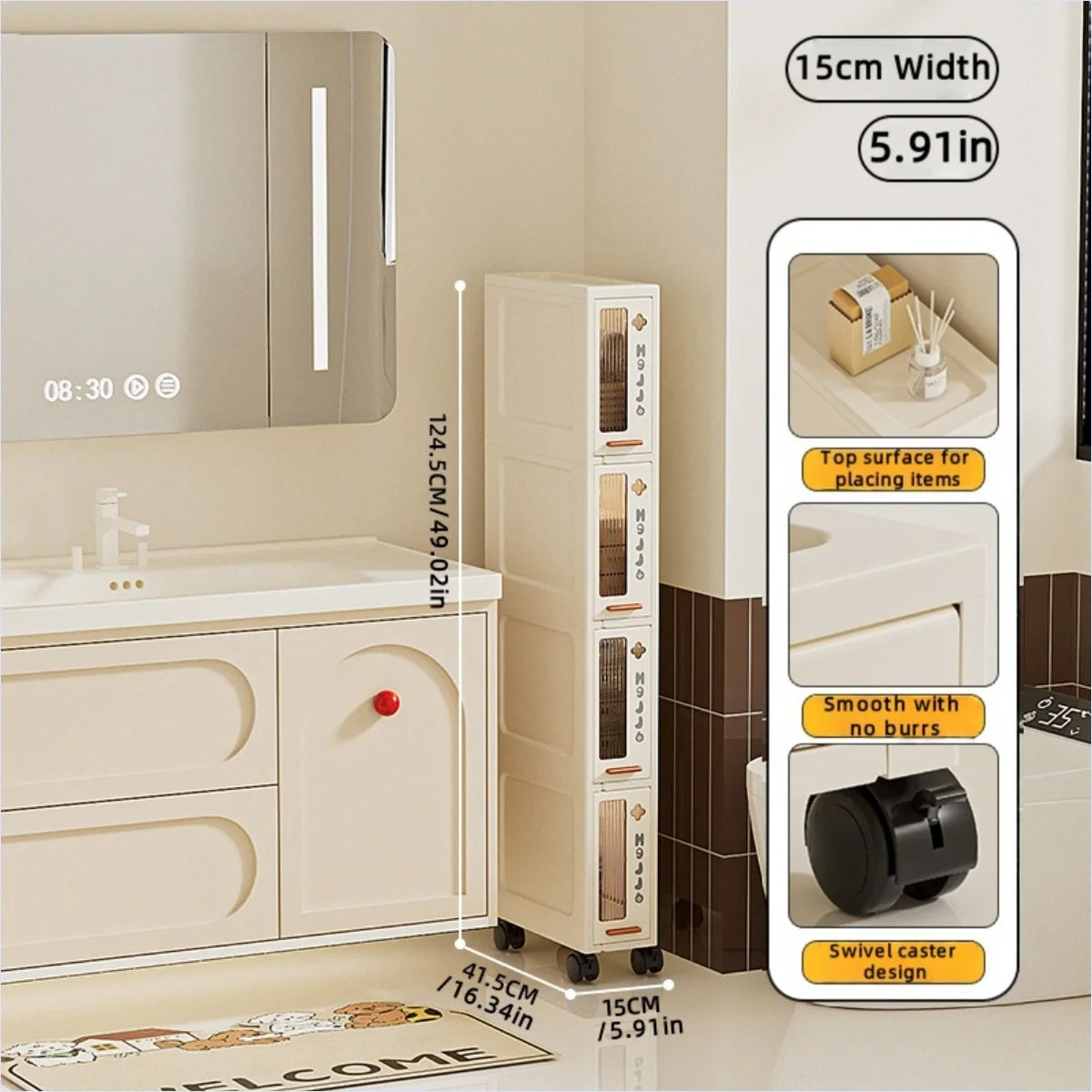 Slim Mobile Storage Cabinet, Space-Saving Narrow Drawer Organizer, Minimalist Multi-Purpose Design for Kitchen/Bathroom/Living Oasis Select 15cm 4 Tiers