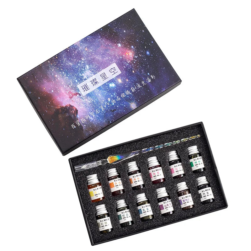 Star glass pen dipped in fountain pen gift box gold powder color ink set for students, net red Tiktok creative gift pen Oasis Select
