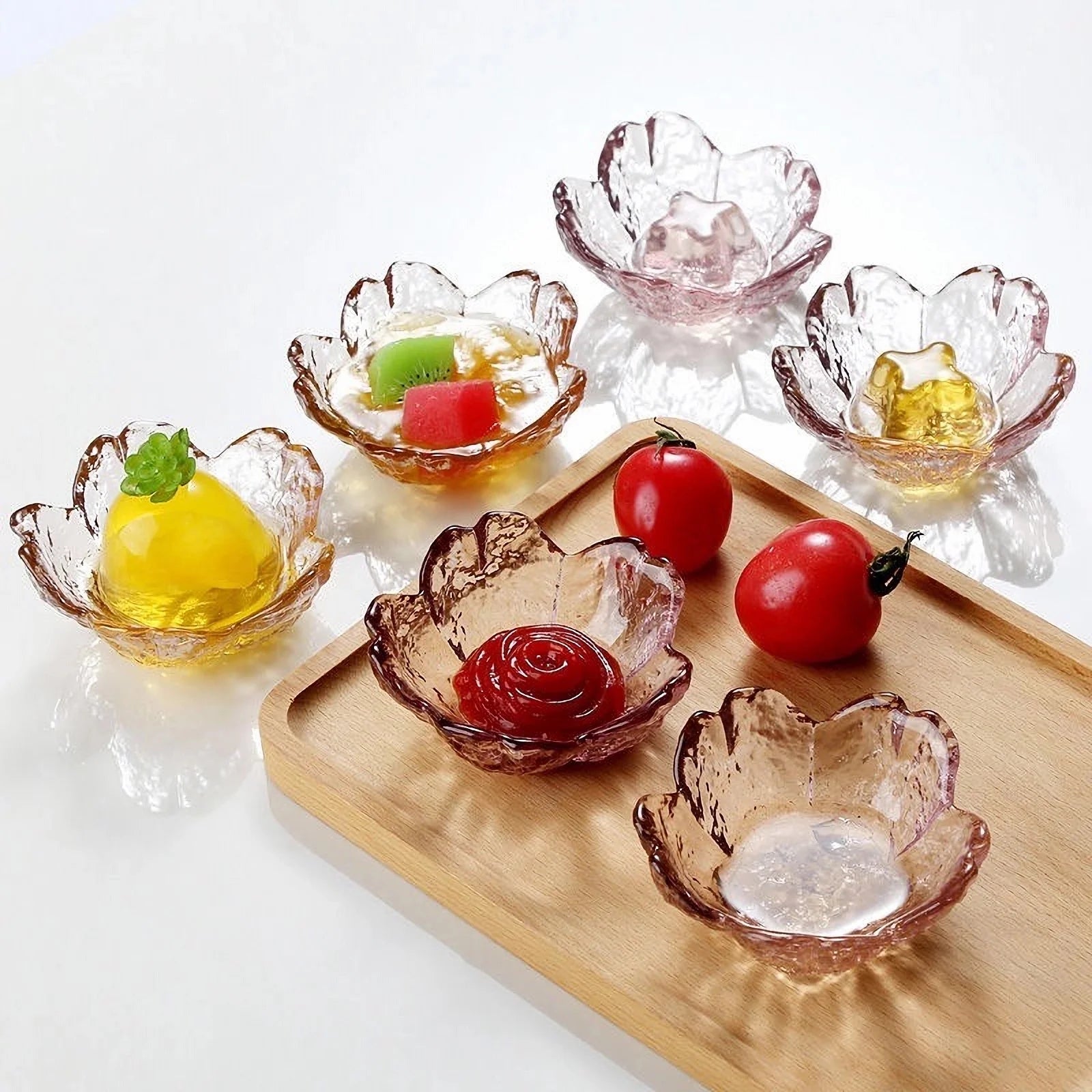 Pink Glass Bowls Set of 3/6, Small Dip Bowls Sauce Plates - Japanese Sakura Flower Cherry Blossom Shaped Bowl for Dessert Oasis Select