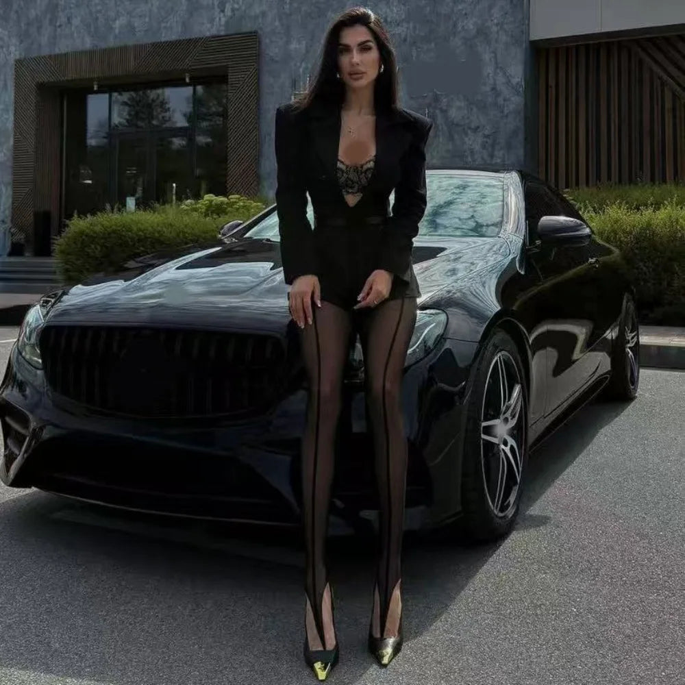 Fashion Personality High Pantyhose Asymmetry Hollow Out Female Stockings Leggings Perspective Vertical Line Tights Women Oasis Select 1 One Size