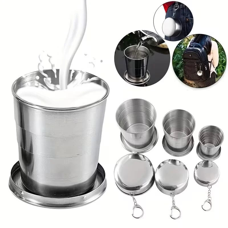 250ml Stainless Steel Keychain Water Cup with Retractable Teacups Portable Collapsible Outdoor Travel Camping Folding Cup Oasis Select