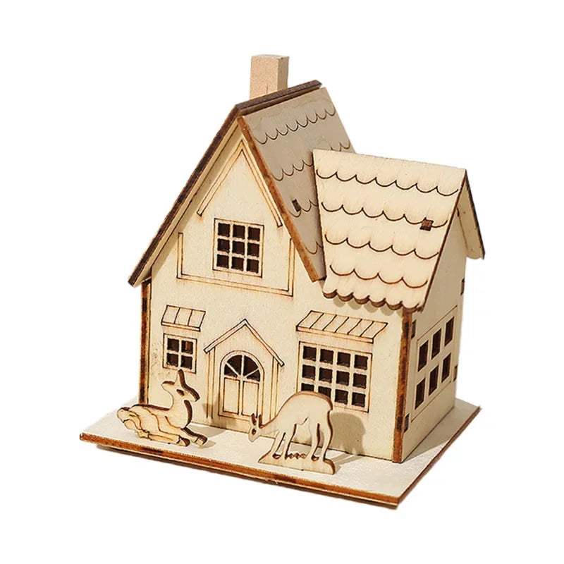 DIY Merry Christmas Decorations Mini Wooden House Luminous Cabin Christmas Tree Hanging Xmas Ornaments New Year Kids Gift Oasis Select 02