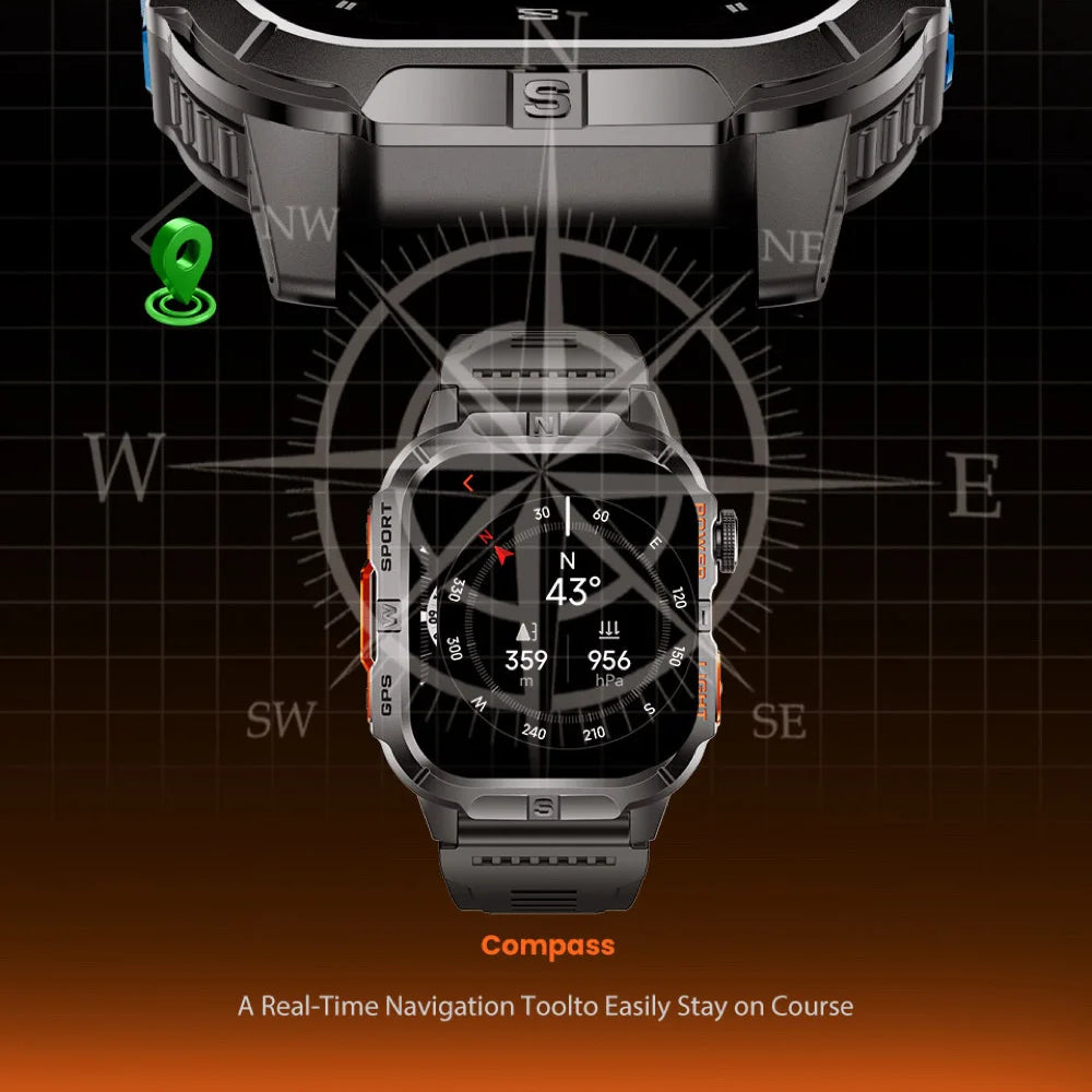 GPS Smart Watch Compass Flashlight Smartwatch Man Lady Outdoor Music Sports Heart Rate Health Blue Tooth Call Waterproof 540mah Oasis Select