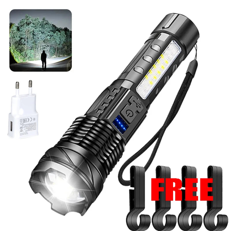 High Powerful LED Flashlight Rechargeable Waterproof Torch with Side Light 7 Modes Zoomable Lamp for Camping Fishing Lantern Oasis Select S140-clip-EU