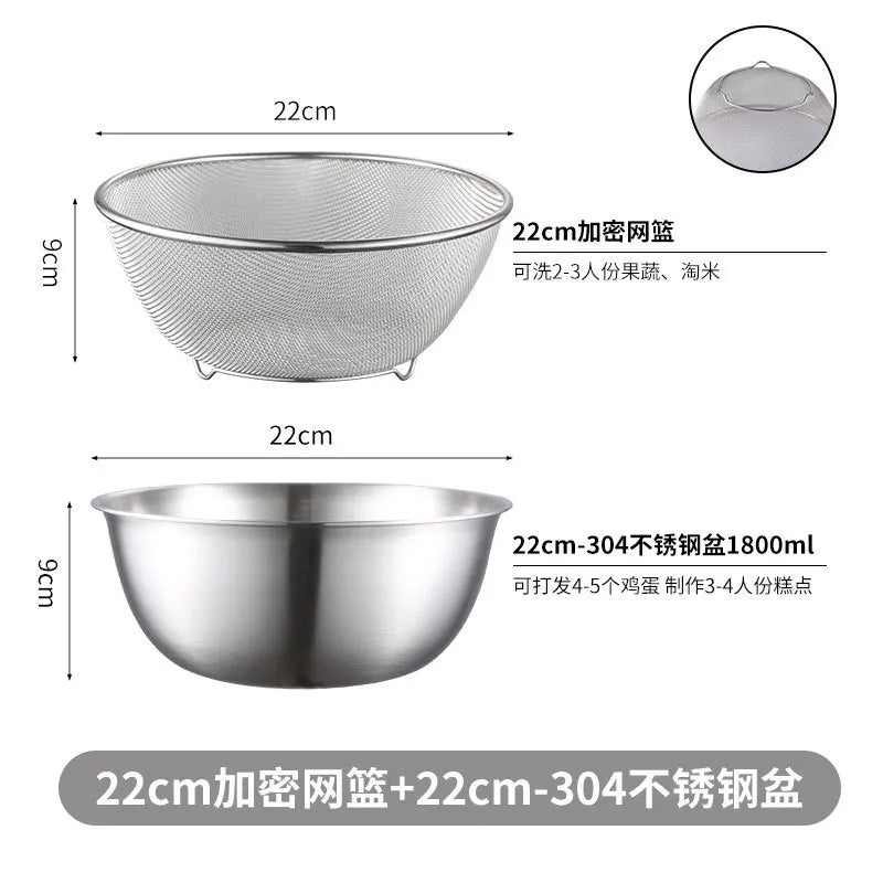 1Set Stainless Steel Drain Basin Basket with Scale Kitchen Basin Rice Washing Artifact Fruit Fruits Drainer Salad Basin Oasis Select 2Pcs-22cm