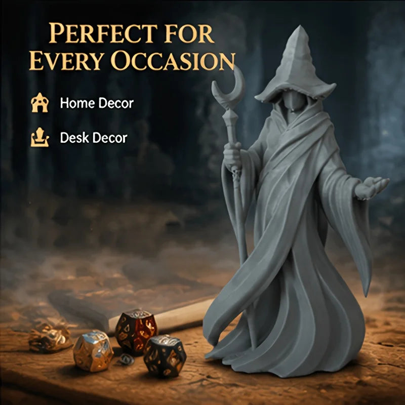 Gothic Faceless Wizard Miniature Figurine 3D Printed Moon Staff Cloaked Mage Statue Home Tabletop Bookshelf Ornament Decor Gifts Oasis Select