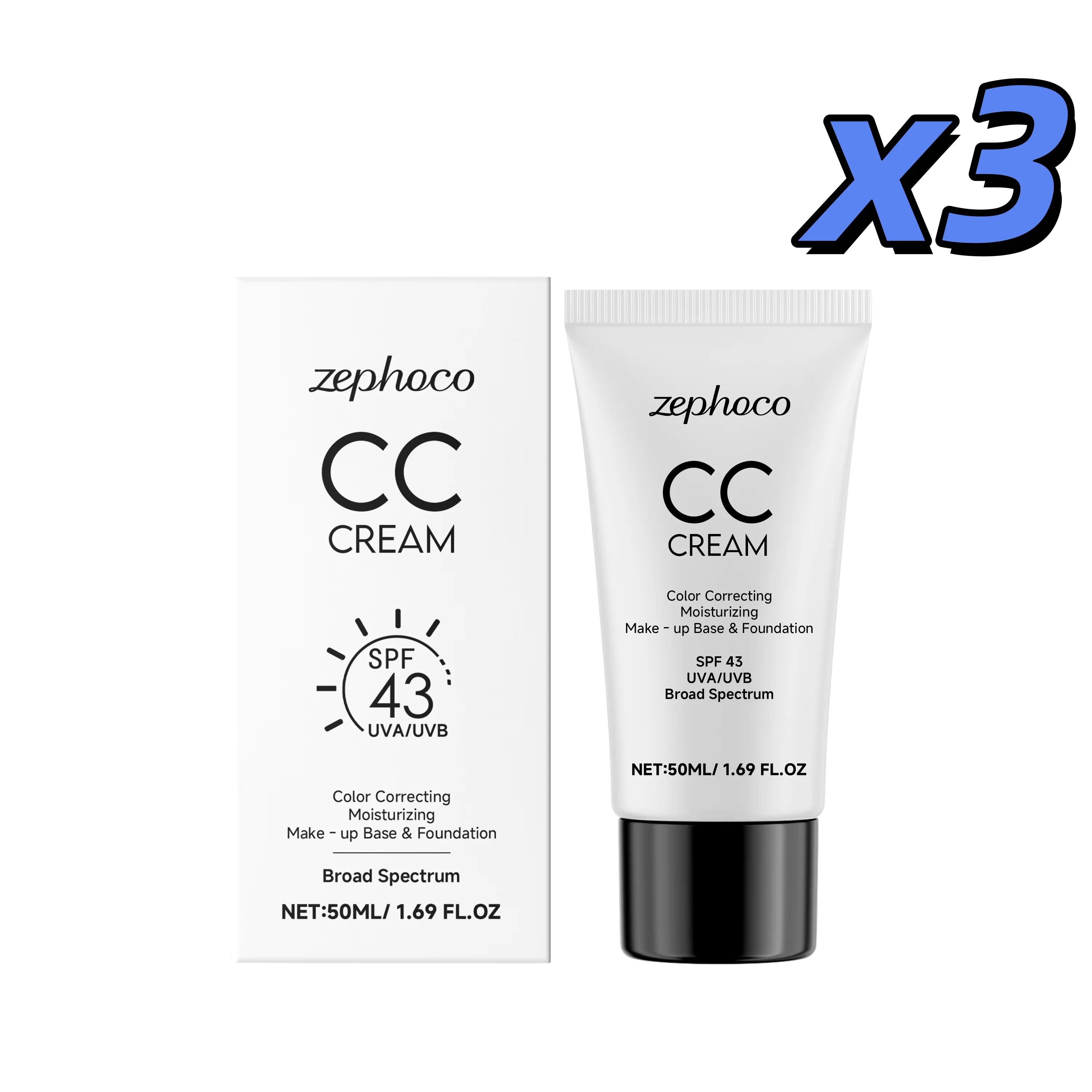 CC Cream Hydrating Foundation Liquid Spf43 Even Skin Tone Brightening Lightweight Moisturizer Long-Lasting Natural Finish Makeup Oasis Select 50ml X 3pcs