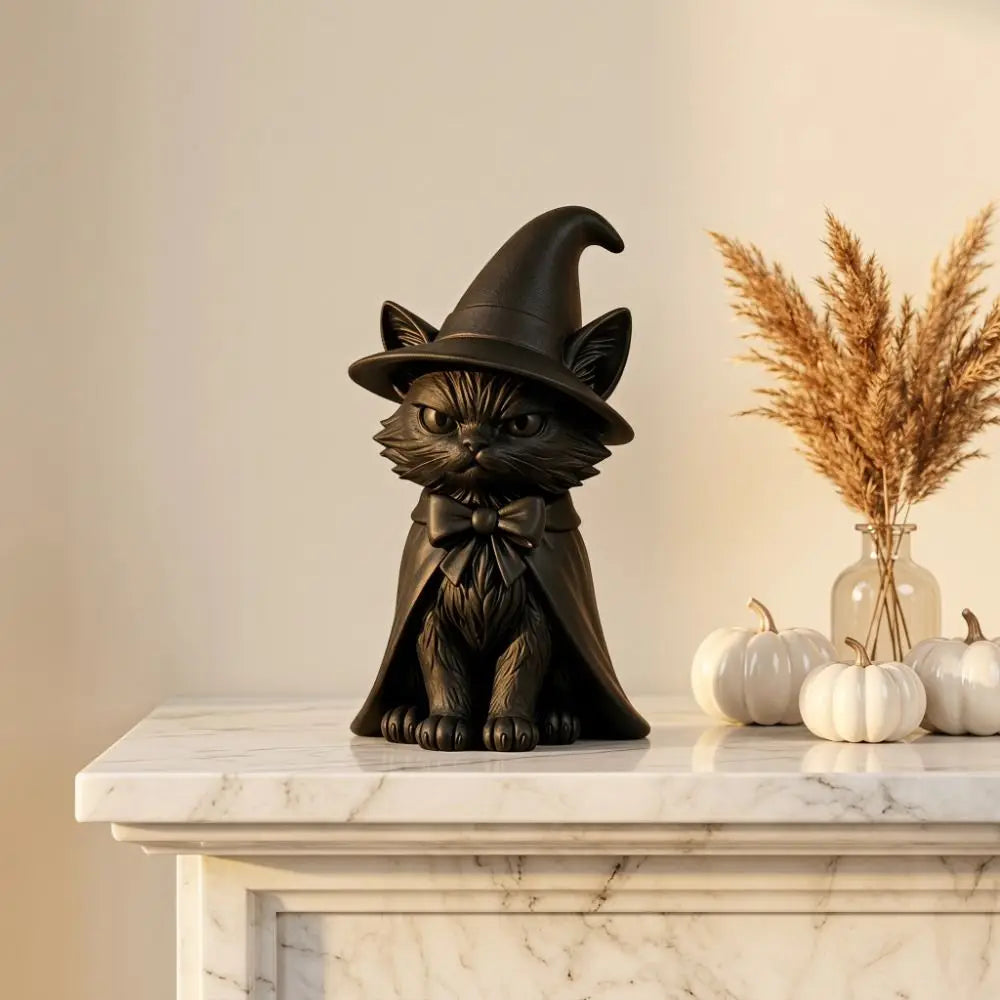 Dark Cat Witch Figurine | 3D Printed Halloween Desktop Sculpture