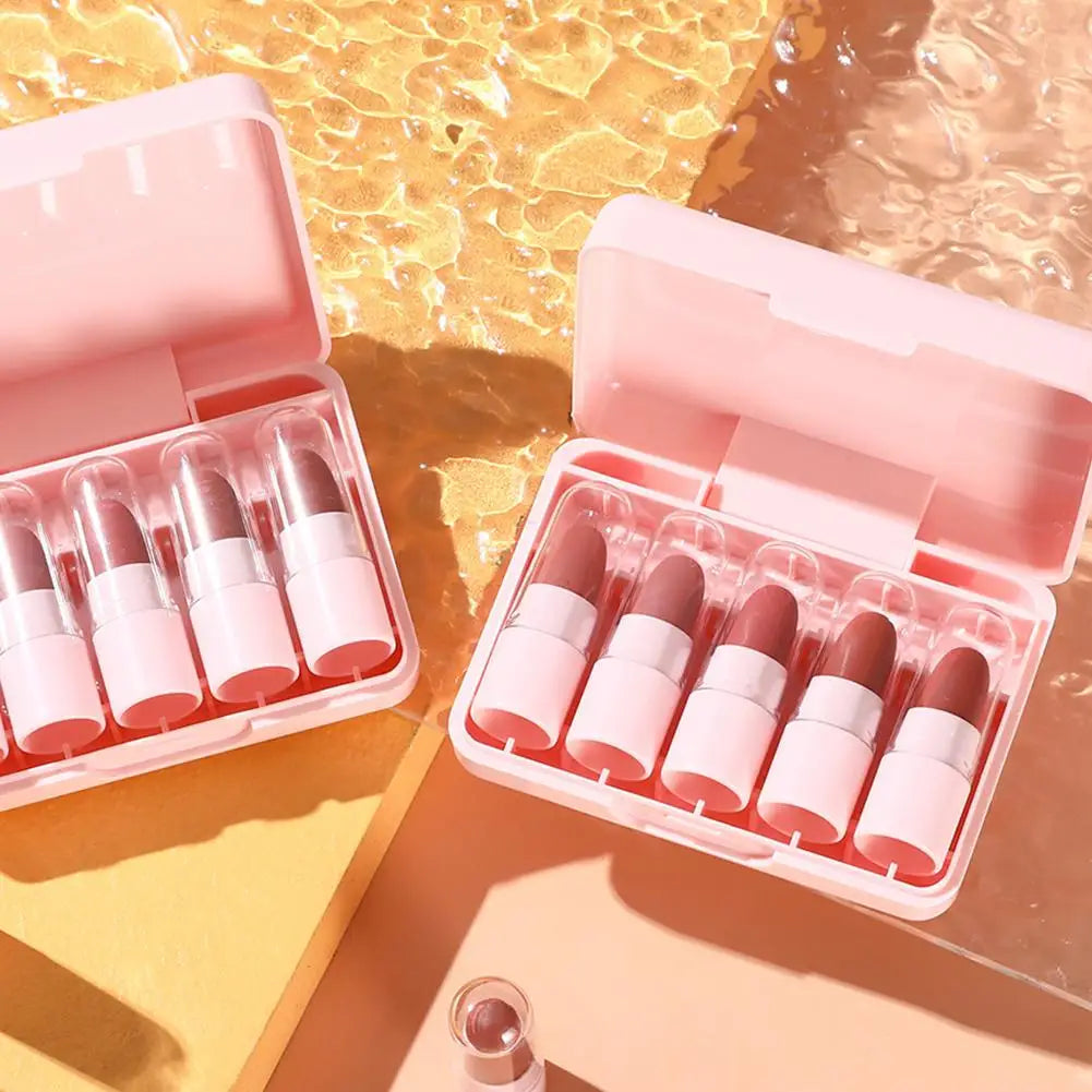5Pcs Peach Lipstick Lip Tint Set Cute Matte Lipsticks Waterproof Long-lasting Non Stick Cup Mini Lip Gloss Lipstick Makeup Gift Oasis Select