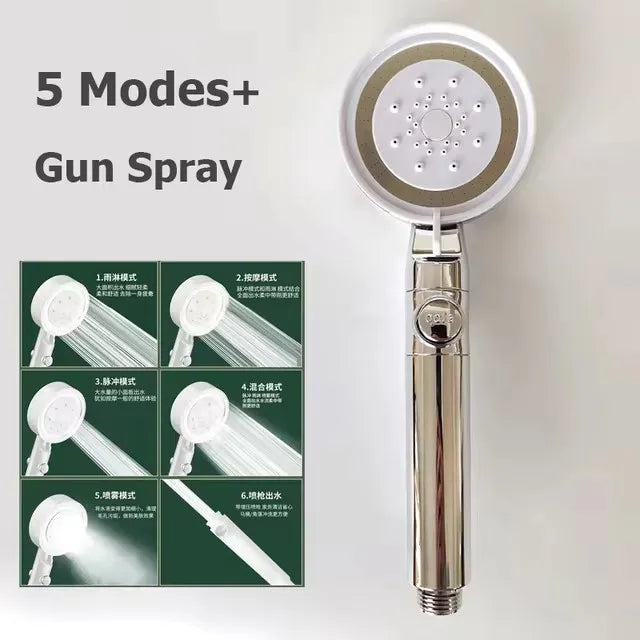 Black Silver Shower Head High Pressure 5 Modes Water Saving Nozzle Powerful Pressurized Spa Handheld Showers Bathroom accessorie Oasis Select Silver with botton