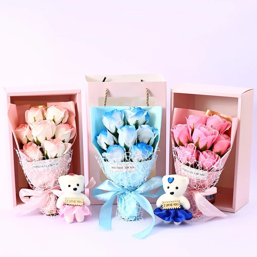 Romantic Fake Rose Bouquet in Gift Box with Cute Teddy Bear Premium Soap Flower Arrangement Perfect Gift for Valentine's Day Oasis Select