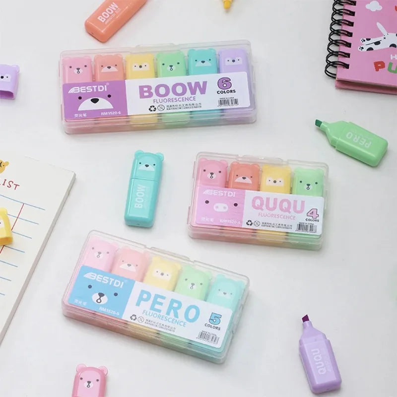 4/5/6Pcs Mini Highlighter Pens Bear Macaron Colors Highlighting Stationery Drawing Noting School Supplies Oasis Select