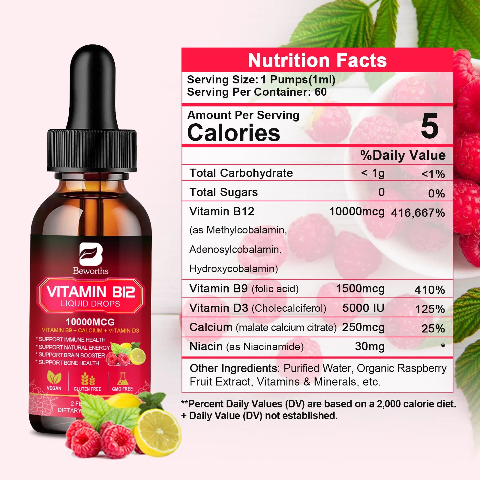 BEWORTHS Vitamin B12 Drops Energy Supplements Support Immune Health Protecting Cardiovascular Health Promote Digestion Oasis Select