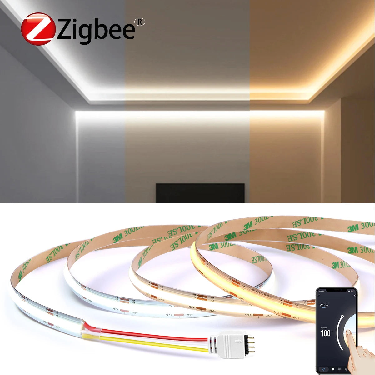 24V Smart Zigbee CCT COB LED Strip Closet Light Changeable 2700K To 6500K Dimmable APP Voice Control,Require ZIgbee 3.0 Gateway Oasis Select
